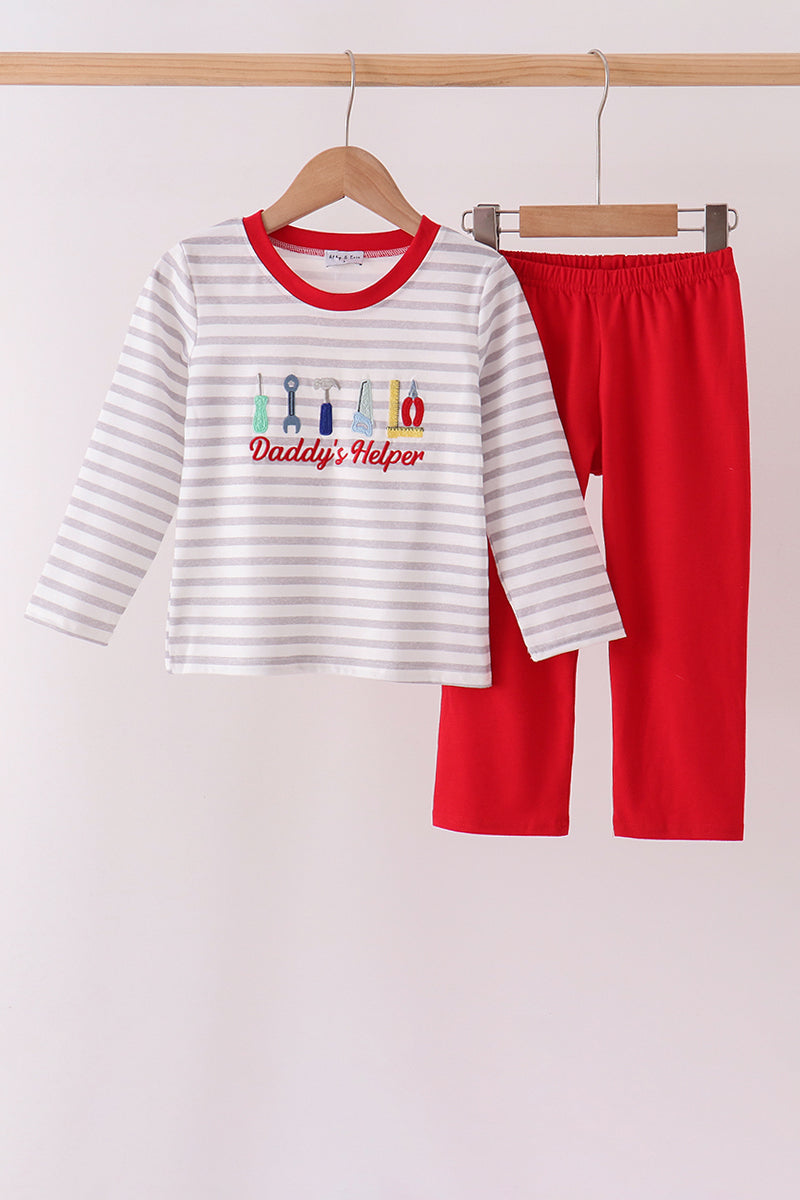 Gray Stripe Daddy's Helper Embroidery Pants Set