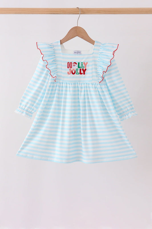 Blue Stripe Holly Jolly Ruffle Dress